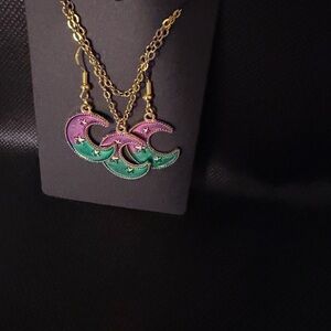Charming Gold Crescent Necklace with Pink and Green Accents